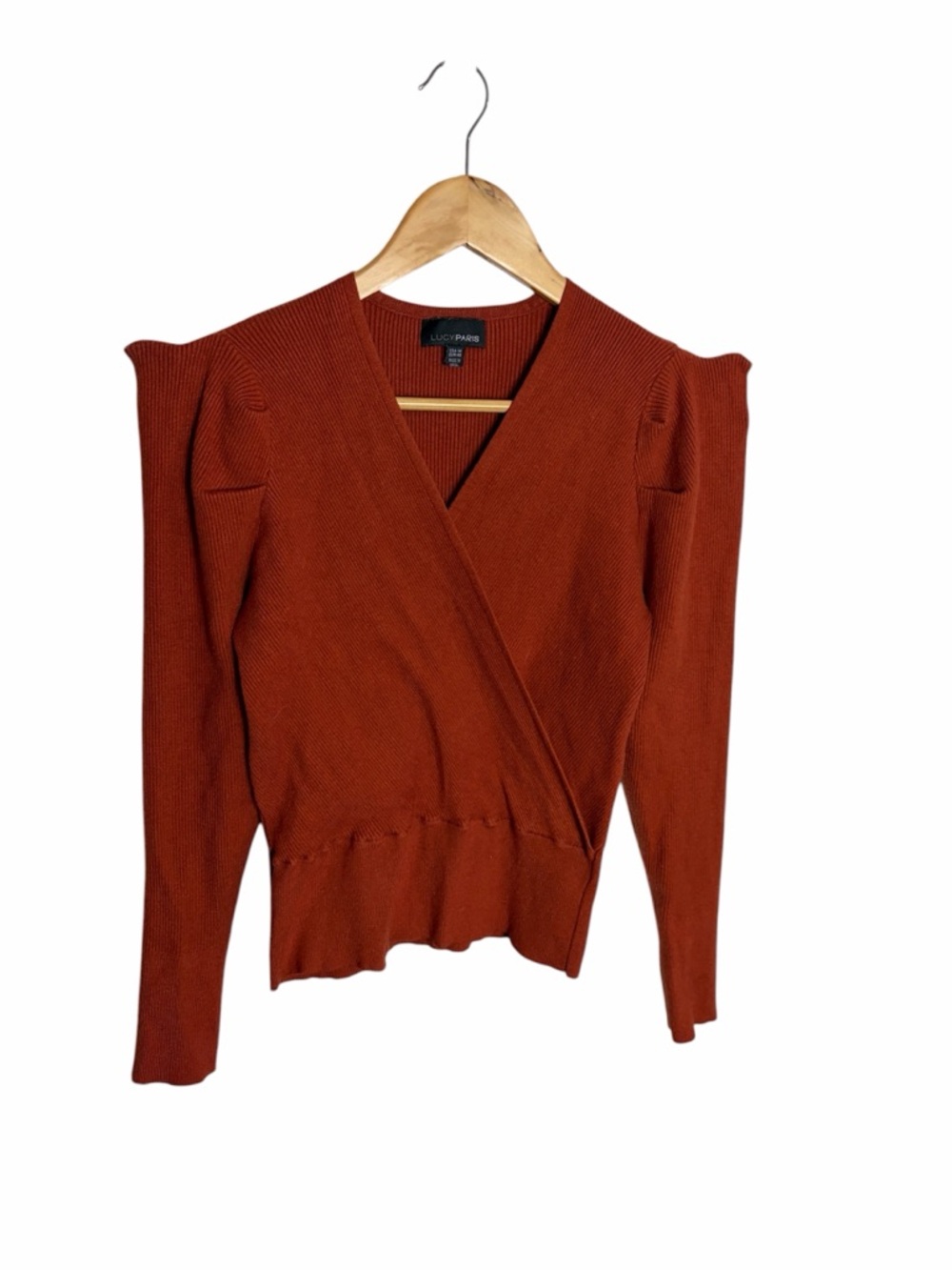 Lucy Paris rust ribbed v neck puff stand up shoulder blouse size M